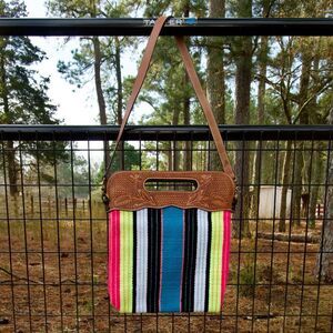 Showman Saddle blanket handbag with genuine leather basket tooled handle